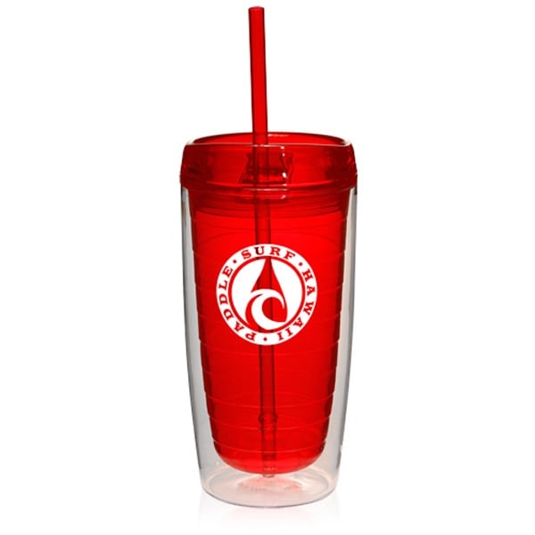 16oz Double Wall Plastic Plain Tumblers With Flat Lids & Straw Red