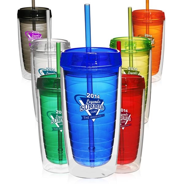 Tropical Double Wall Tumbler Travel Cup w/Straw - 16oz