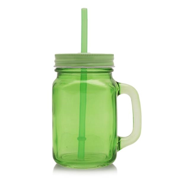 Glass Mason Jar With Handle, Lid And Straw