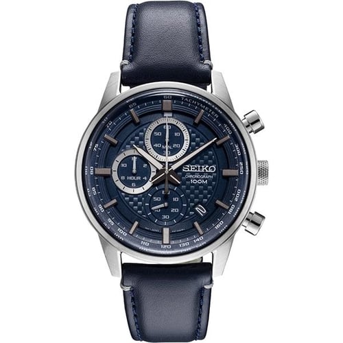 Seiko Mens Chronograph Silver Case Blue Pattern Dial